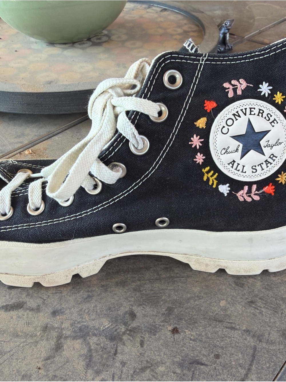 Converse Black High-Top Sneakers with White Accents and Floral Embroidery - Picture 3 of 9